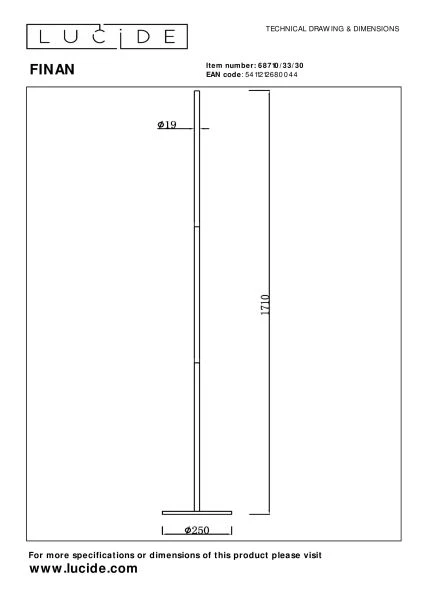 Lucide FINAN - Stehlampe - LED 3 StepDim - 1x32W 2700K - Schwarz - technisch
